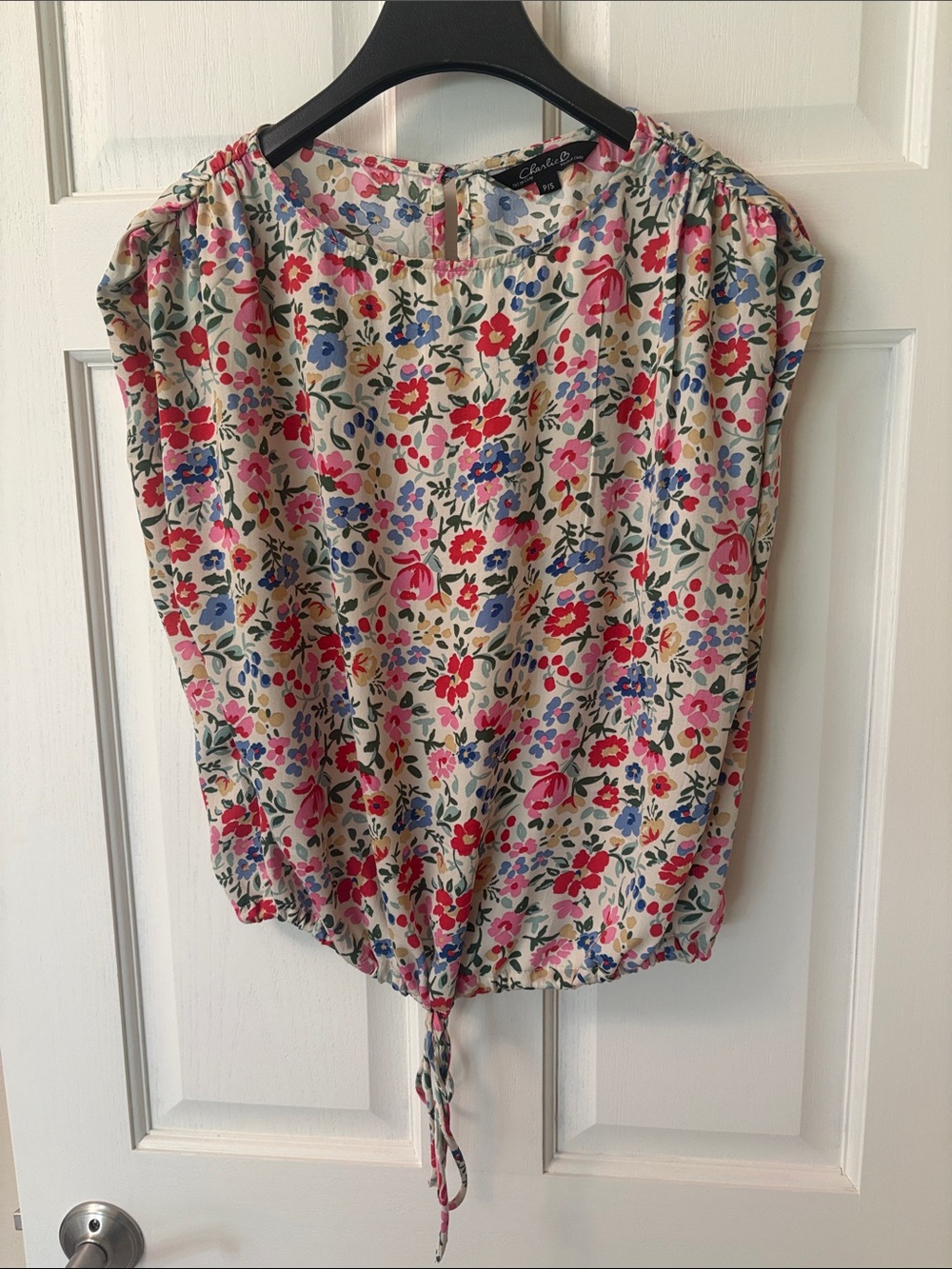 Charlie Cream Floral Tie-Hem Blouse with Pink and Red Accents